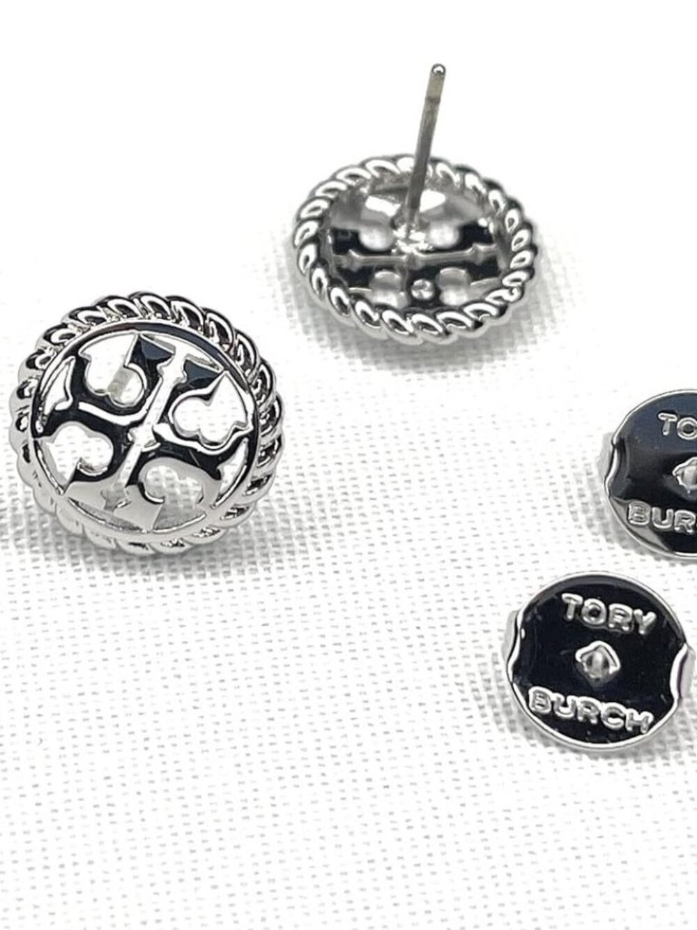 NWT~TORY BURCH~Rope Logo Stud Earrings, Silver